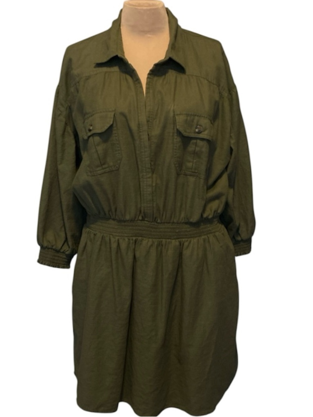 Olive Green Utility Mini Shirtdress with 3/4 Length Sleeves 100% Cotton